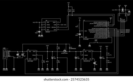 Schematic diagram of digital electronic device 
on paper sheet. Vector drawing electrical circuit with 
integrated circuit, microcontroller,
capacitor, resistor, transistor,
usb connector, inductance 