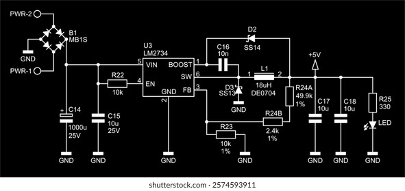 Schematic diagram of digital electronic device (power unit)
on paper sheet. Vector drawing electrical circuit with 
integrated circuit, led, controller, fuse, diode,
capacitor, resistor, other.