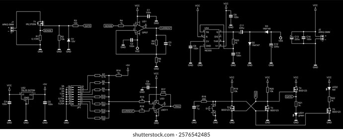 Schematic diagram of digital electronic device on paper sheet. Vector drawing electrical circuit with operational amplifier, integrated circuit, transistor, led, diode, capacitor, resistor, connector.