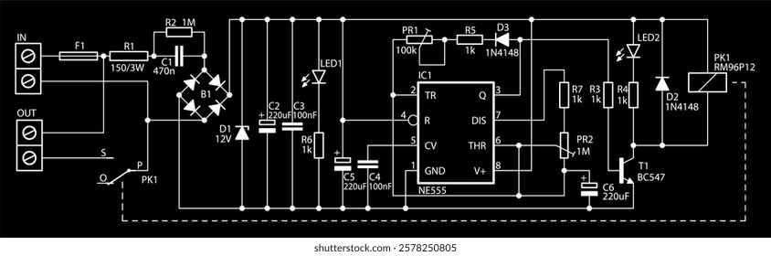 Schematic diagram of digital electronic device 
on paper sheet. Vector drawing electrical circuit with 
integrated circuit, transistor, led, diode,
capacitor, resistor, connector, other components.