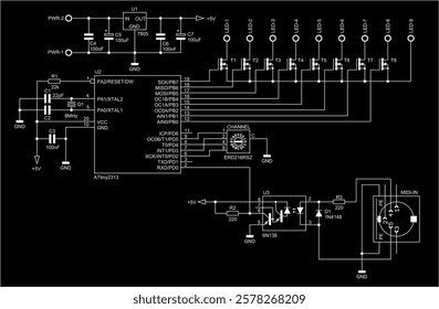 Schematic diagram of digital electronic device on paper sheet. Vector drawing electrical circuit with integrated circuit, transistor, diode, controller, voltage stabilizer, switch, capacitor, resistor