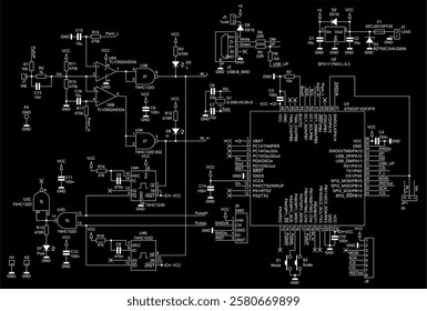 Schematic diagram of digital electronic device 
on paper sheet. Vector drawing electrical circuit with 
integrated circuit, micro controller,
usb connector,
capacitor, resistor, other components.