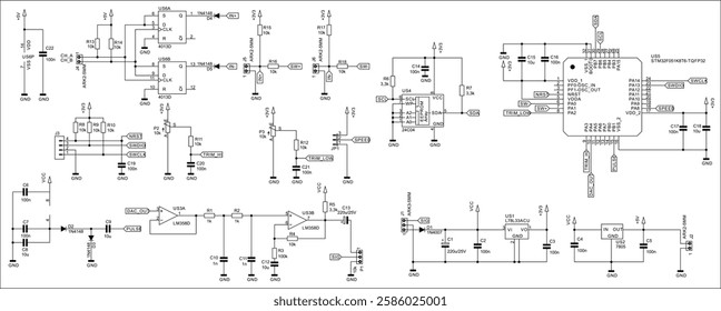 Schematic diagram of digital electronic device 
on paper sheet. Vector drawing electrical circuit with 
micro controller, 
memory chip, operational amplifier, voltage converter, trigger,
capacitor.