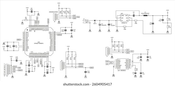 Schematic diagram of digital electronic device 
on paper sheet. Vector drawing electrical circuit with 
integrated circuit, cpu, connector, led indicator,  
capacitor, resistor, other components.