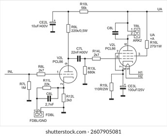 Schematic diagram of digital electronic device on paper sheet. Vector drawing electrical circuit with semiconductor lamp anode cathode, connector, capacitor, resistor, other components.