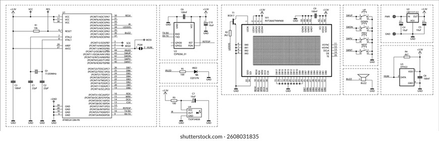 Schematic diagram of digital electronic device 
on white paper sheet. Vector drawing electrical circuit with 
lcd display, integrated circuit, microcontroller,
capacitor, resistor, other components.