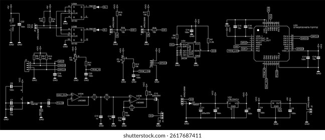 Schematic diagram of digital electronic device 
on paper sheet. Vector drawing electrical circuit with 
micro controller, 
memory chip, operational amplifier, voltage converter, trigger, capacitor.