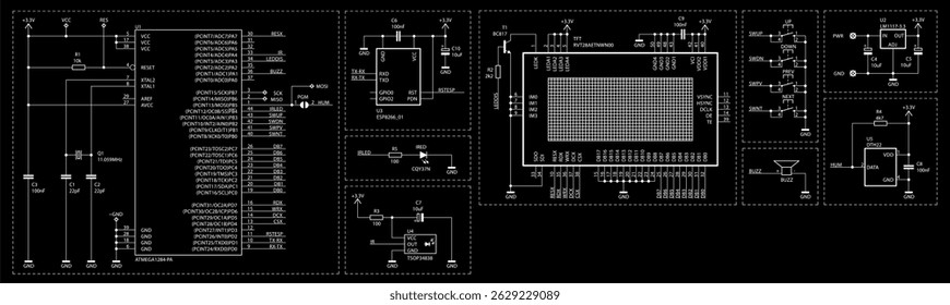 Schematic diagram of digital electronic device 
on paper sheet. Vector drawing electrical circuit with 
lcd display, integrated circuit, microcontroller,
capacitor, resistor, other components.