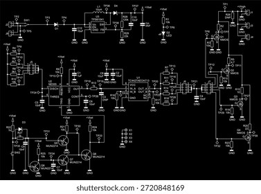 Diagrama esquemático do dispositivo eletrônico digital 
em folhas de papel. Circuito elétrico de desenho vetorial com 
microchip, resistor, circuito integrado, condensador,
transistor, diodo, indutor, led, outro.