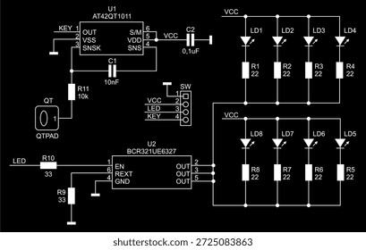 Schematic diagram of digital electronic device on paper sheet. Vector drawing electrical circuit with integrated circuit, led indicator, pressure sensor, connector, diode, 
capacitor, resistor, other.