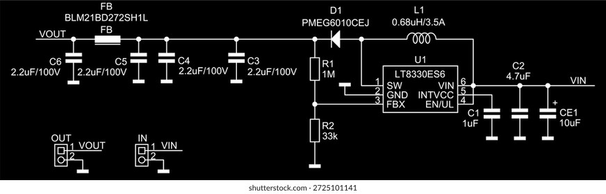 Diagrama esquemático do dispositivo eletrônico digital 
em folhas de papel. Circuito elétrico de desenho vetorial com 
circuito integrado, conector, díodo, bobina indutora, 
condensador, resistor, outros componentes.

