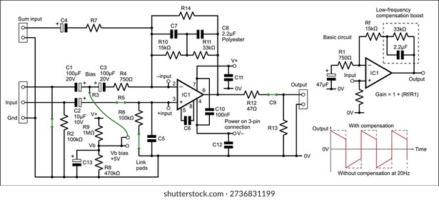 Schematic diagram of digital electronic device 
on paper sheet. Vector drawing electrical circuit with 
integrated circuit of operational amplifier,  
capacitor, resistor, connector, other components.