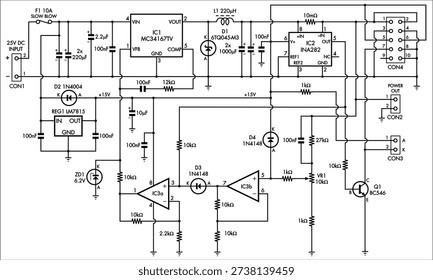 Schematic diagram of digital electronic device 
on paper sheet. Vector drawing electrical circuit with 
integrated circuit of operational amplifier,  
capacitor, resistor, connector, led indicator, 
power regulator, current converter, transistor.