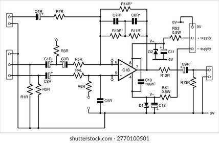 Schematic diagram of digital electronic device 
on paper sheet. Vector drawing electrical circuit with 
integrated circuit of operational amplifier,  
capacitor, resistor, connector, other components.