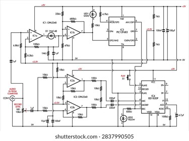 Schematic diagram of digital electronic device 
on paper sheet. Vector drawing electrical circuit with
microcontroller, operational amplifier, integrated circuit, capacitor, resistor, button, led indicator.