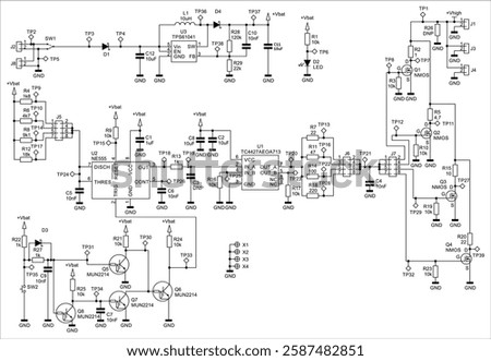 Schematic diagram of digital electronic device 
on paper sheet. Vector drawing electrical circuit with 
micro chip, resistor, integrated circuit, capacitor,
transistor, diode, inductor, led, other.