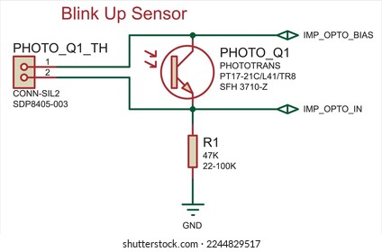 Schematic diagram of electronic device (blink up sensor).
Vector drawing electrical circuit with
phototransistor, connector, resistor, connecting contacts
 and ground symbol.