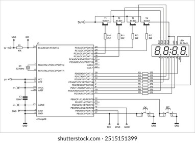 Schematic diagram of electronic device (clock). Vector drawing electrical circuit with 
integrated circuit of microcontroller, lcd display, button, 
resistor, capacitor, transistor
on white background