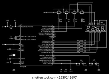 Schematic diagram of electronic device (clock). Vector drawing electrical circuit with integrated circuit of microcontroller, lcd display, button, 
resistor, capacitor, transistor on paper  background