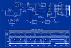 Schematic diagram of electronic device (demodulator). Vector drawing electrical circuit with 
integrated microchips, logic elements,  
oscilloscope, source signal and other electronic components.