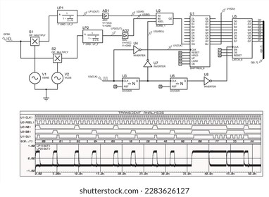 Schematische Darstellung des elektronischen Geräts (Demodulator).
Vektorgrafik-Schaltkreis mit 
integrierte Mikrochips, logische Elemente,  
Oszilloskop, Quellensignal und andere elektronische Komponenten.