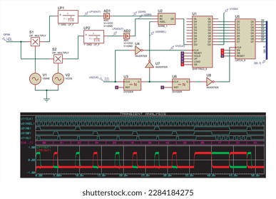 Schematic diagram of electronic device (demodulator).
Vector drawing electrical circuit with 
integrated microchips, logic elements,  
oscilloscope, source signal and other electronic components.