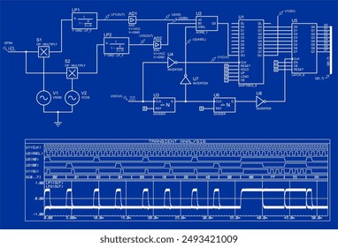 Schematische Darstellung eines elektronischen Bauelements (Demodulator). Vektorgrafik-Zeichnungsstromkreis mit 
integrierte Mikrochips, logische Elemente,  
Oszilloskop, Quellensignal und andere elektronische Komponenten.