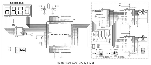 Schematic diagram of electronic device with motor 
operating under the control of a microcontroller.
Vector drawing electrical circuit with button, controller, lcd display
and electronic components.