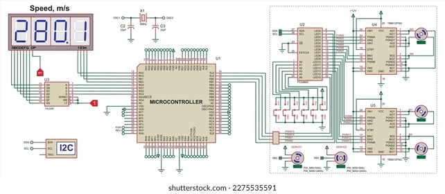 Schematic diagram of electronic device with motor 
operating under the control of a microcontroller.
Vector drawing electrical circuit with button, controller, lcd display
and electronic components.