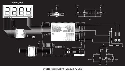 Schematic diagram of electronic device with motor on arduino.
Vector drawing electrical circuit with button, resistor, microcontroller,
 lcd display
and other electronic components.