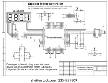 Schematic diagram of electronic device with motor 
operating under the control of a microcontroller.
Vector drawing electrical circuit with button, controller, lcd display
and electronic components.