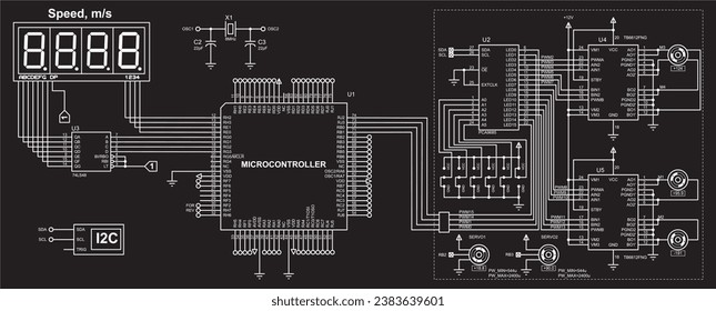Schematic diagram of electronic device with motor 
operating under the control of a microcontroller.
Vector drawing electrical circuit with button, controller, lcd display
and electronic components.