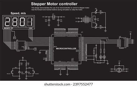 Schematic diagram of electronic device with motor 
operating under the control of a microcontroller.
Vector drawing electrical circuit with button, controller, lcd display
and electronic components.