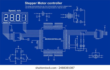 Esquema del dispositivo electrónico con motor 
bajo el control de un microcontrolador.
Vector que dibuja el circuito eléctrico con el Botón, regulador, 
pantalla lcd
y componentes electrónicos.
