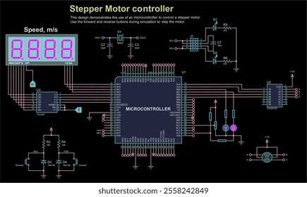 
Schematic diagram of electronic device with motor 
operating under control of microcontroller.
Vector computer drawing electrical circuit with button, 
controller, lcd display, electronic components.