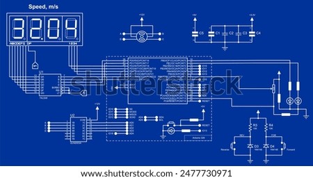 Schematic diagram of electronic device with motor on arduino.
Vector drawing electrical circuit with button, resistor, microcontroller,
 lcd display
and other electronic components.