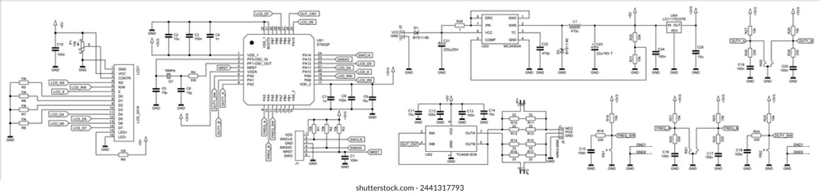 Diagrama esquemático del dispositivo electrónico en la hoja de papel. Circuito eléctrico de dibujo del vector con el condensador,
resistor, pantalla lcd, circuito integrado, 
bobina, diodo, microcontrolador, otros componentes.