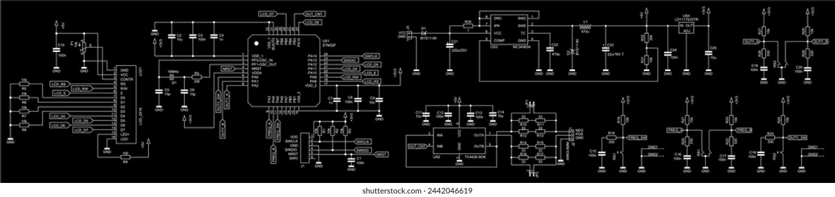 
Schematic diagram of electronic device on sheet of paper.
Vector drawing electrical circuit with capacitor,
resistor, lcd display, integrated circuit, 
coil, diode, microcontroller, other components.