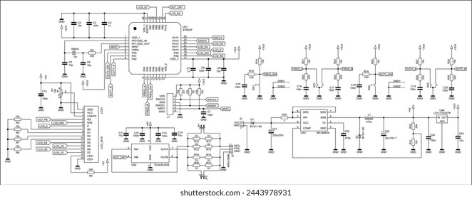 Schematic diagram of electronic device on sheet of paper.
Vector drawing electrical circuit with capacitor,
resistor, lcd display, integrated circuit, 
coil, diode, microcontroller, other components.