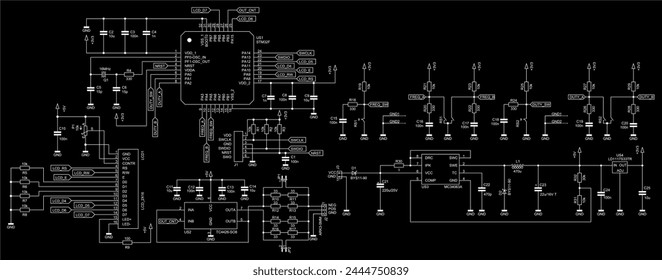 Schematic diagram of electronic device on sheet of paper. Vector drawing electrical circuit with capacitor, resistor, lcd display, integrated circuit, coil, diode, microcontroller, other components.
