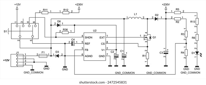 Schematic diagram of electronic device on sheet of paper.
Vector drawing electrical circuit with usb connector,
resistor, integrated circuit, capacitor, led, diode, coil, other components.