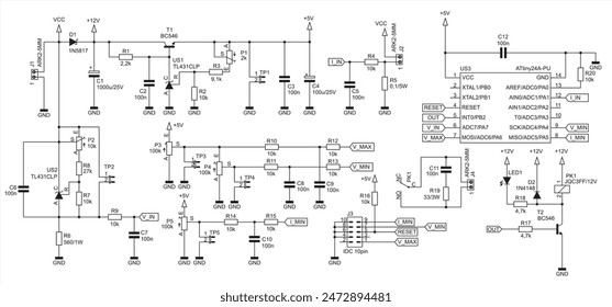 Schematic diagram of electronic device on sheet of paper.
Vector drawing electrical circuit with connector,
resistor, capacitor, integrated circuit,
led, microcontroller, diode, other components.
