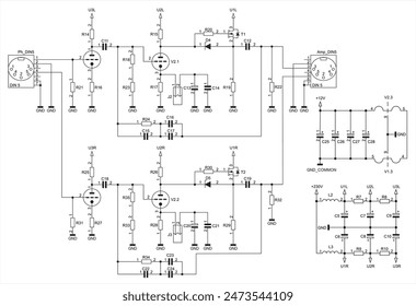 Schematic diagram of electronic device on sheet of paper. Vector drawing electrical circuit with connector, capacitor, resistor, coil, diode, lamp, other components.