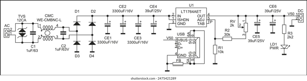 
Schematic diagram of electronic device on sheet of paper. Vector drawing electrical circuit with connector,
resistor, capacitor, integrated circuit,
inductance coil, microcontroller, led, usb, other.