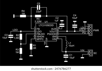 Schematic diagram of electronic device on sheet of paper.
Vector drawing electrical circuit with connector,
resistor, capacitor, integrated circuit,
inductance coil, microcontroller, other components.