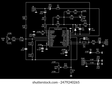 Schematic diagram of electronic device on sheet of paper.
Vector drawing electrical circuit with connector,
resistor, capacitor, integrated circuit,
led, microcontroller, other components.