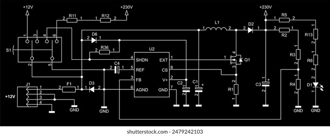 Schematic diagram of electronic device on sheet of paper. Vector drawing electrical circuit with usb connector,
resistor, integrated circuit, capacitor, led, diode, coil, other components.