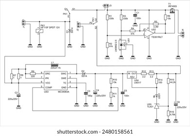 Schematic diagram of electronic device on sheet of paper.
Vector drawing electrical circuit with operational amplifier, 
connector,
resistor, integrated circuit, capacitor, led,
coil, other components