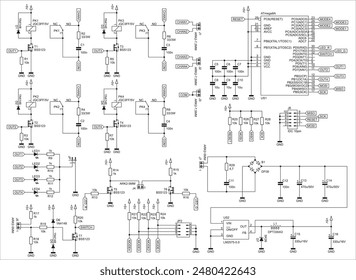 Schematic diagram of electronic device on sheet of paper.
Vector drawing electrical circuit with microcontroller,
connector,
resistor, integrated circuit, capacitor, diode, led,
coil, other components