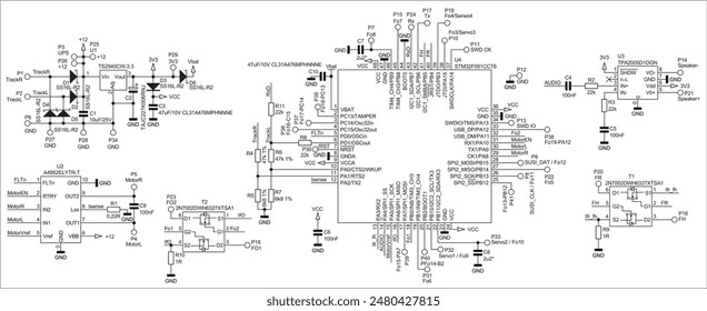 Schematic diagram of electronic device on sheet of paper. Vector drawing electrical circuit with microcontroller,
resistor, integrated circuit, capacitor, diode, other components.